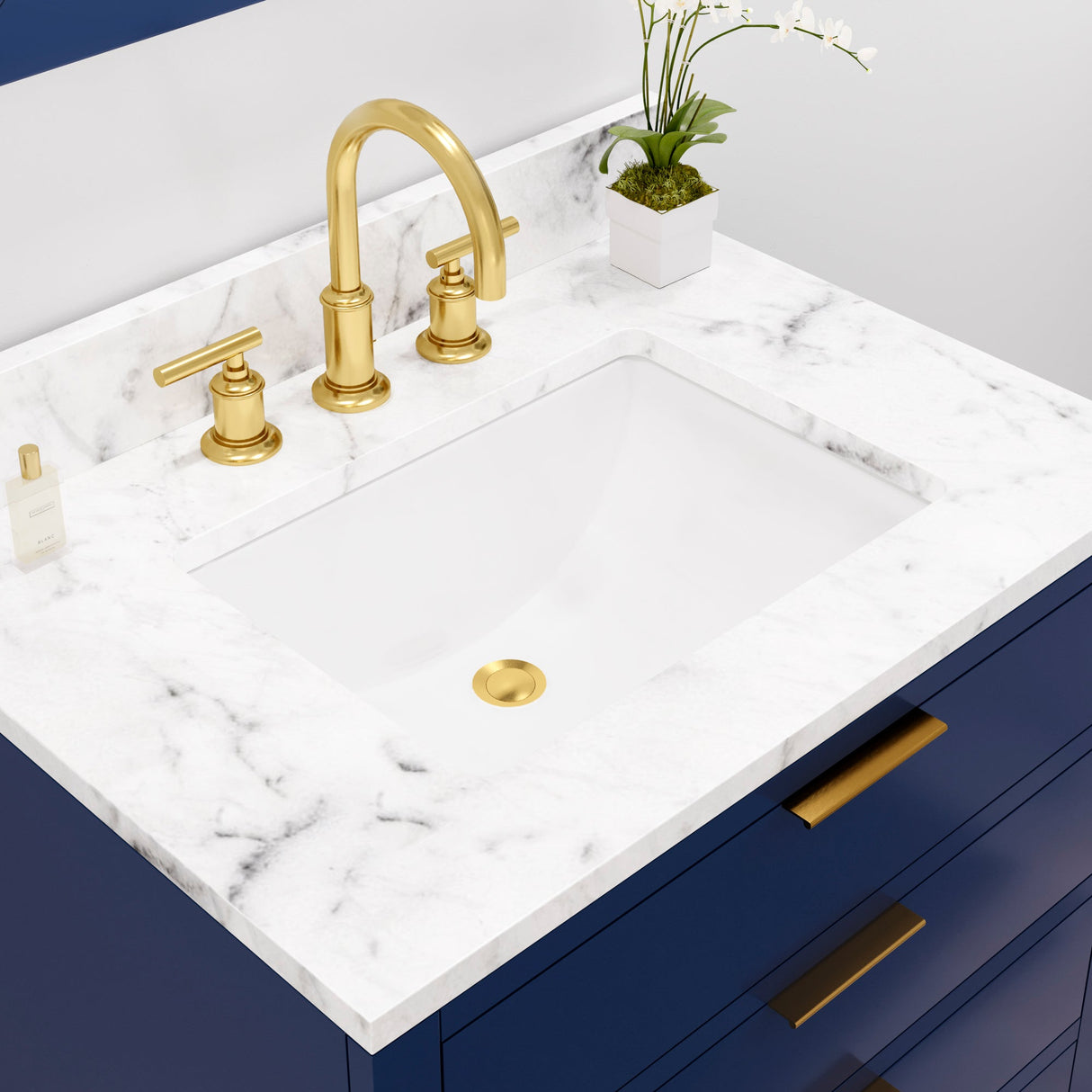 Water Creation Bristol 30" Single Sink Carrara White Marble Countertop Bath Vanity in Monarch Blue with Satin Gold Gooseneck Faucet