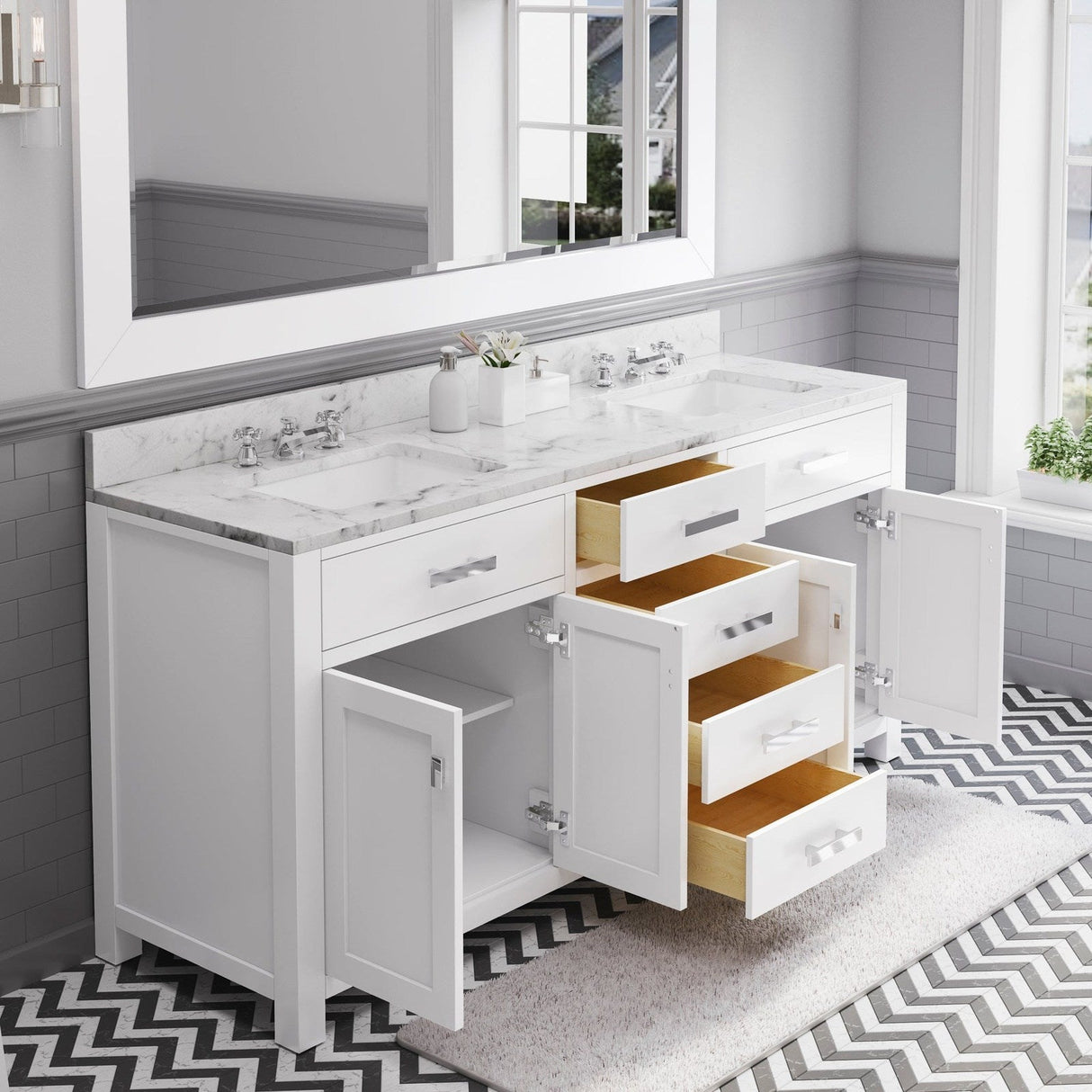 Water Creation Madison 72" Pure White Double Sink Bathroom Vanity With Matching Large Framed Mirror From The Madison Collection