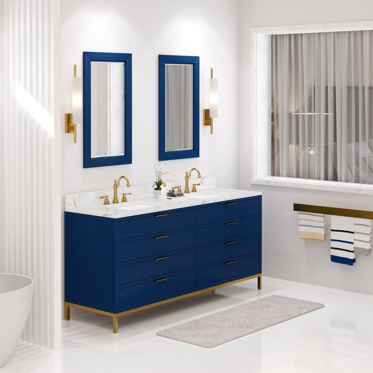 Water Creation Bristol 72" Double Sink Carrara White Marble Countertop Bath Vanity in Monarch Blue with Satin Gold Hook Faucets