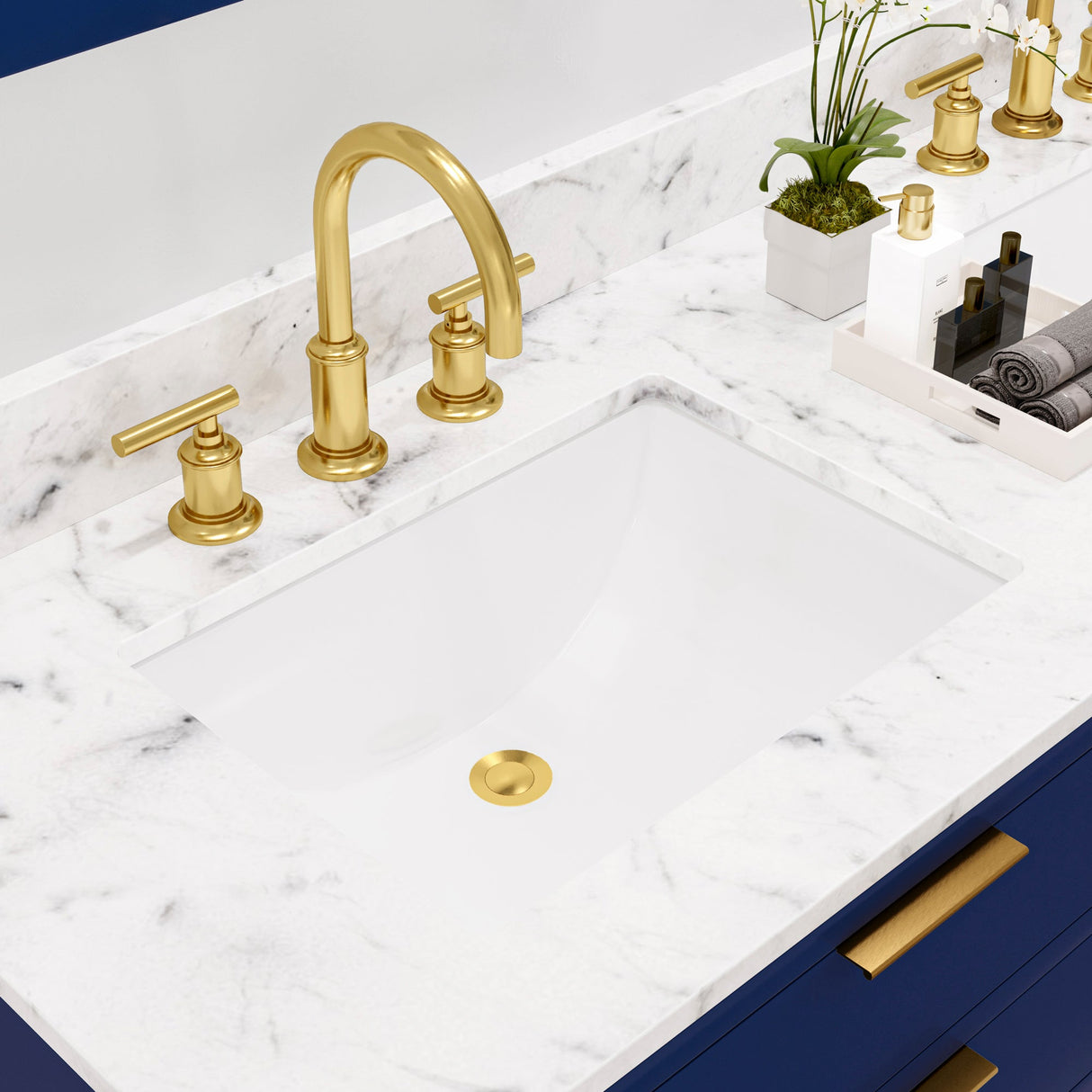 Water Creation Bristol 60" Double Sink Carrara White Marble Countertop Bath Vanity in Monarch Blue with Satin Gold Gooseneck Faucets