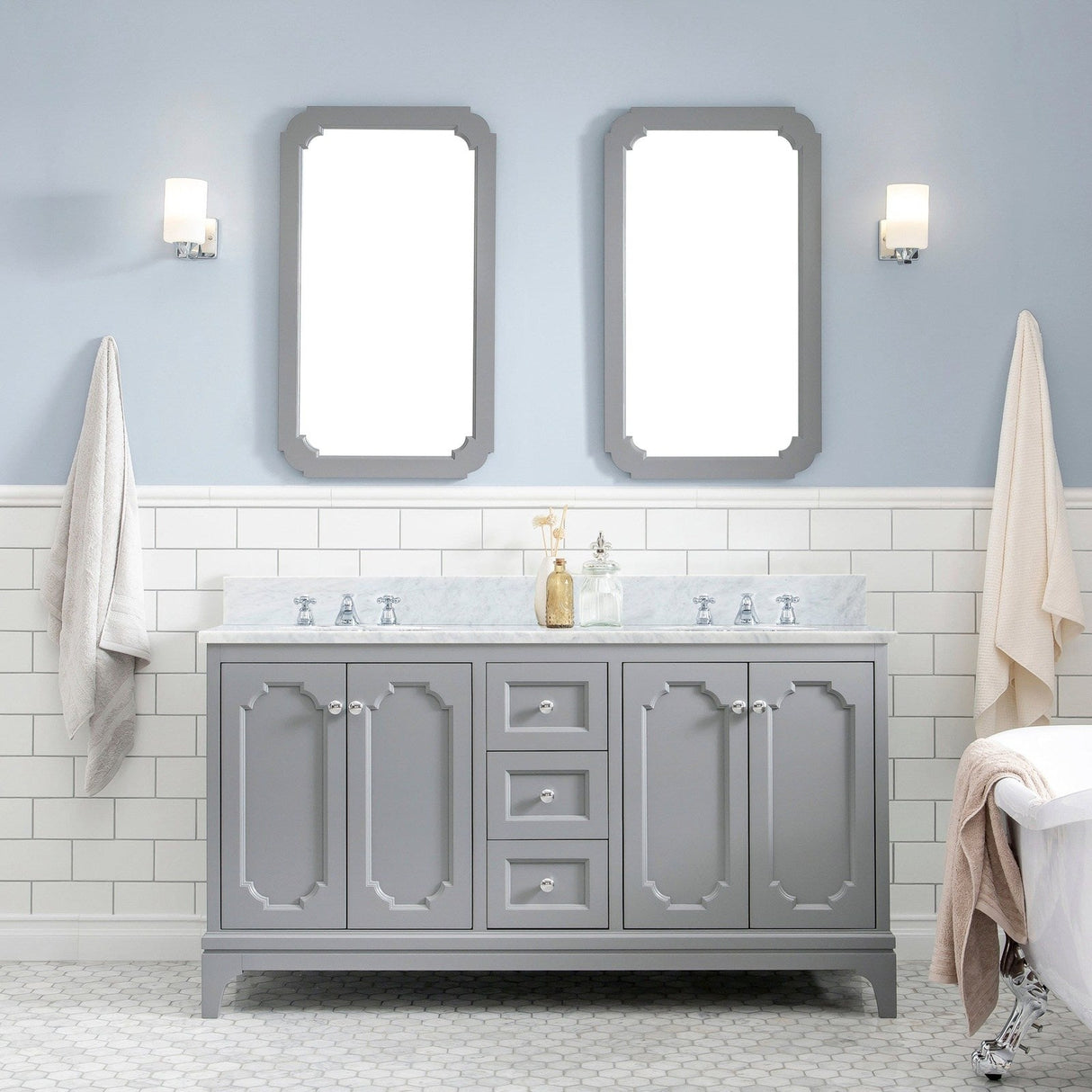 Water Creation Queen 60" Double Sink Carrara White Marble Countertop Vanity in Cashmere Grey with Classic Faucets