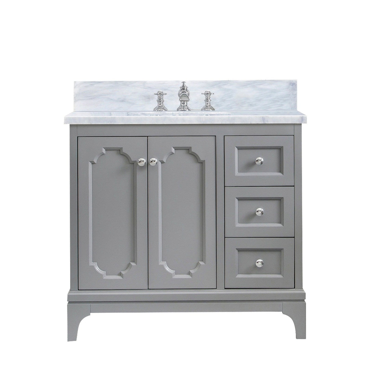 Water Creation Queen 36" Single Sink Carrara White Marble Countertop Vanity in Cashmere Grey with Waterfall Faucet