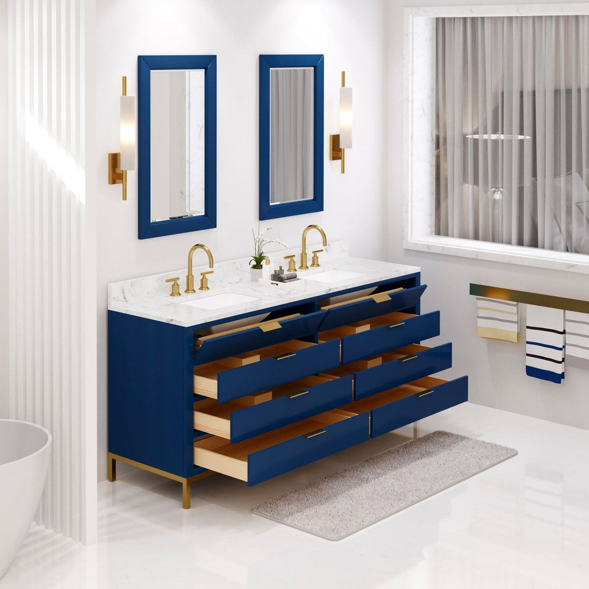 Water Creation Bristol 72" Double Sink Carrara White Marble Countertop Bath Vanity in Monarch Blue with Satin Gold Gooseneck Faucets