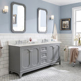 Water Creation Queen 72" Double Sink Carrara White Marble Countertop Vanity in Cashmere Grey with Waterfall Faucets