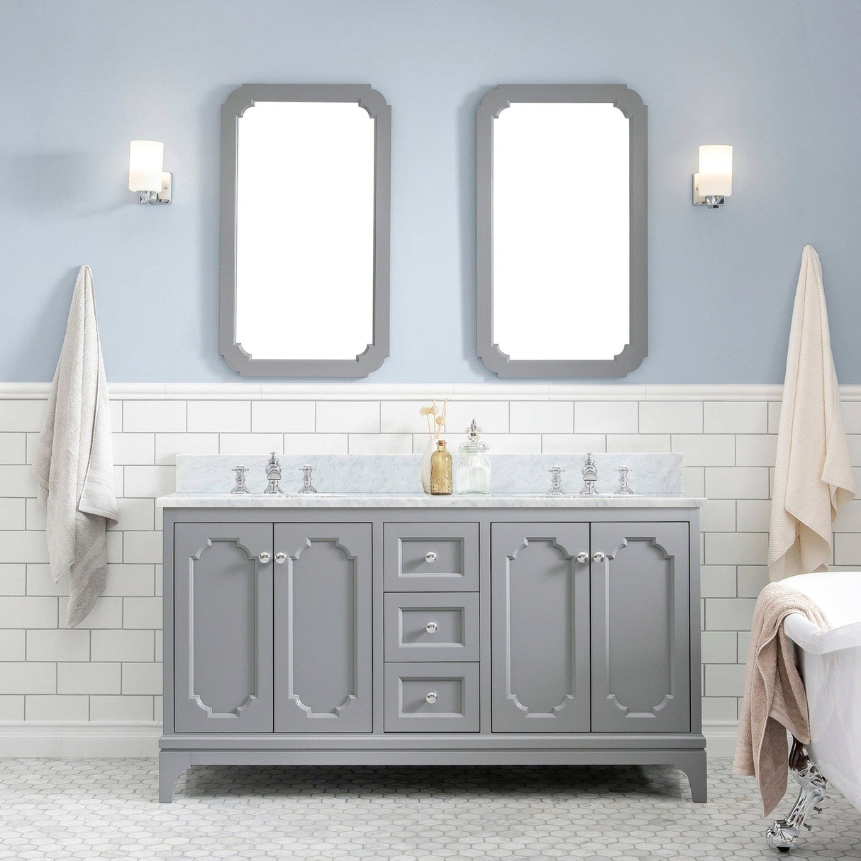 Water Creation Queen 60" Double Sink Carrara White Marble Countertop Vanity in Cashmere Grey with Waterfall Faucets