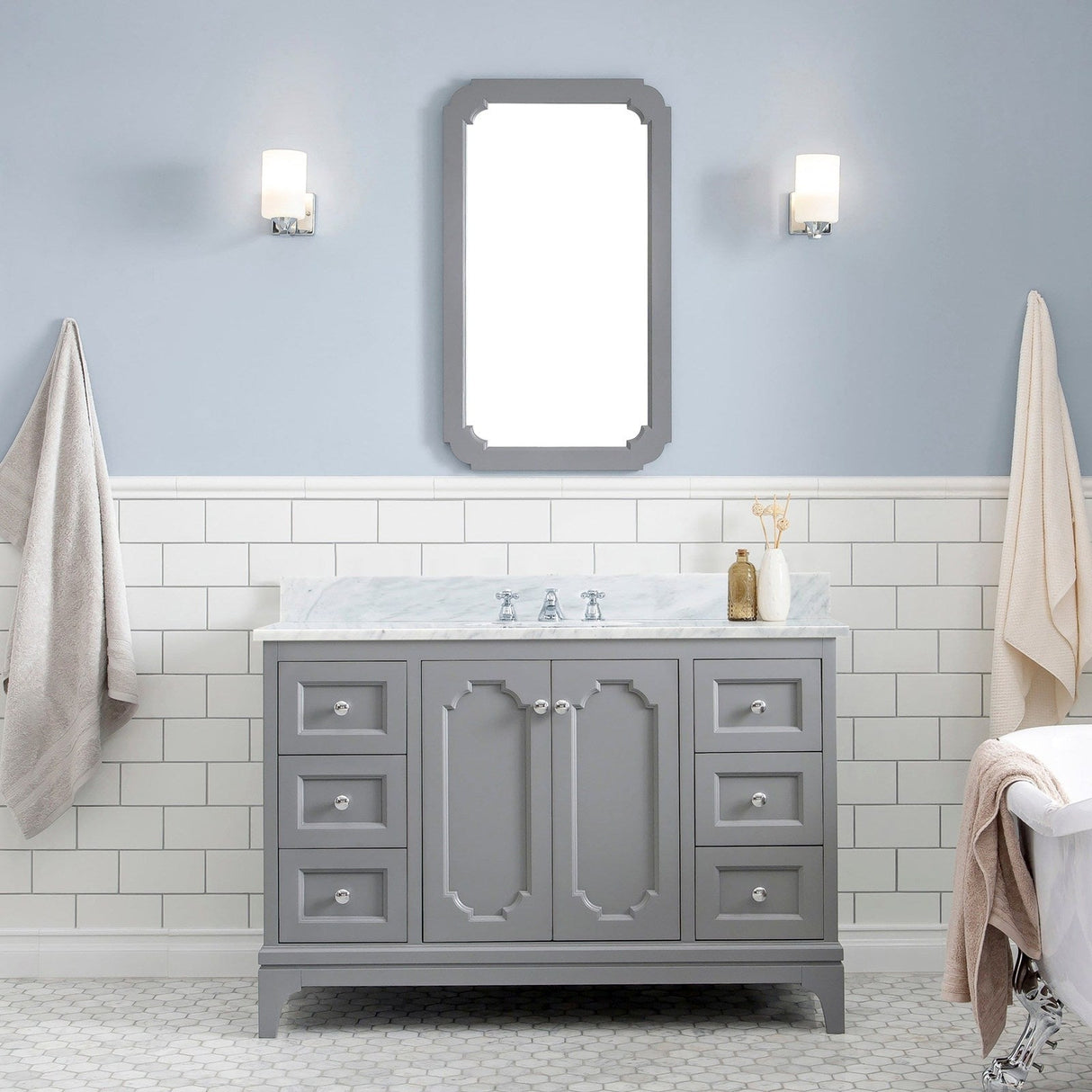 Water Creation Queen 48" Single Sink Carrara White Marble Countertop Vanity in Cashmere Grey with Classic Faucet