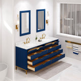 Water Creation Bristol 72" Double Sink Carrara White Marble Countertop Bath Vanity in Monarch Blue with Satin Gold Hook Faucets