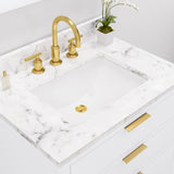 Water Creation Bristol 30" Single Sink Carrara White Marble Countertop Bath Vanity in Pure White with Satin Gold Gooseneck Faucet