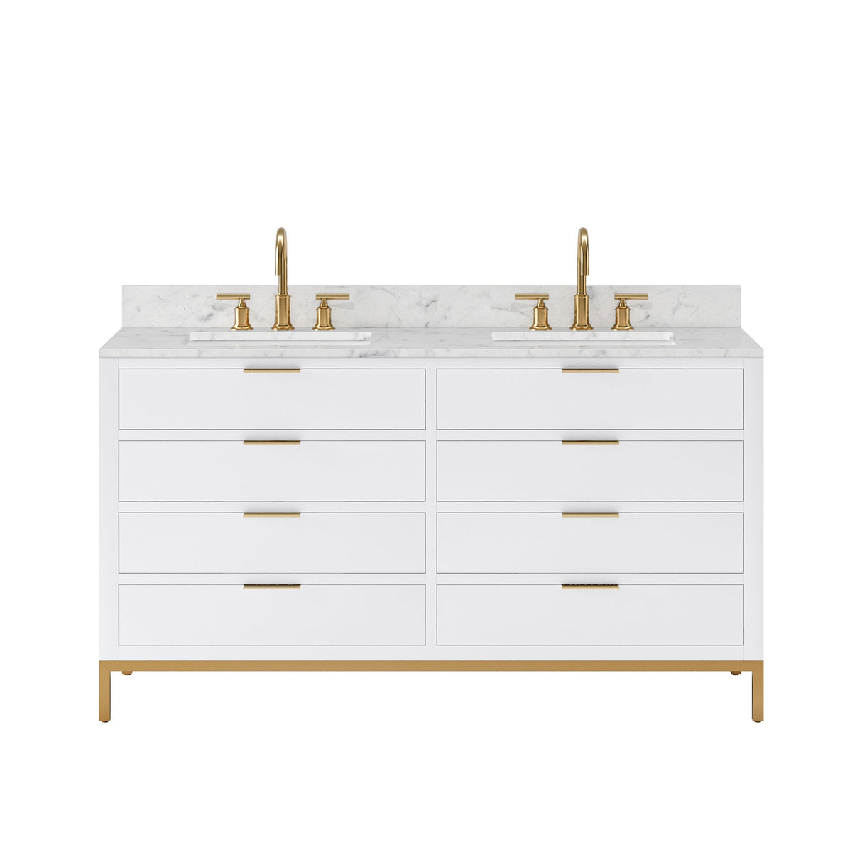 Water Creation Bristol 60" Double Sink Carrara White Marble Countertop Bath Vanity in Pure White with Satin Gold Gooseneck Faucets