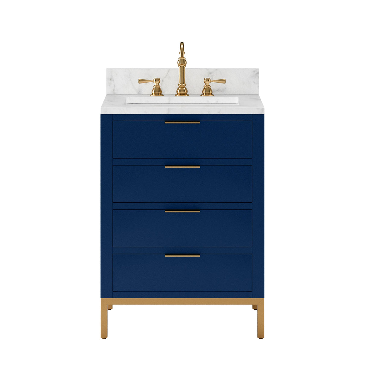 Water Creation Bristol 24" Single Sink Carrara White Marble Countertop Bath Vanity in Monarch Blue with Satin Gold Hook Faucet