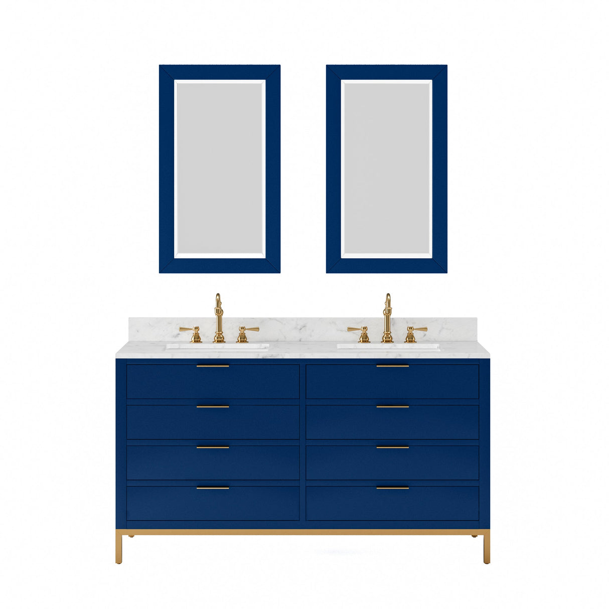 Water Creation Bristol 60" Double Sink Carrara White Marble Countertop Bath Vanity in Monarch Blue with Satin Gold Hook Faucets