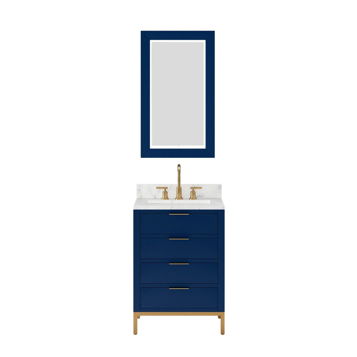 Water Creation Bristol 24" Single Sink Carrara White Marble Countertop Bath Vanity in Monarch Blue with Rectangular Mirror(S)