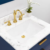 Water Creation Bristol 24" Single Sink Carrara White Marble Countertop Bath Vanity in Monarch Blue with Satin Gold Hook Faucet