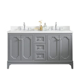 Water Creation Queen 60" Double Sink Quartz Carrara Vanity In Cashmere Grey With Lavatory Faucet(s)