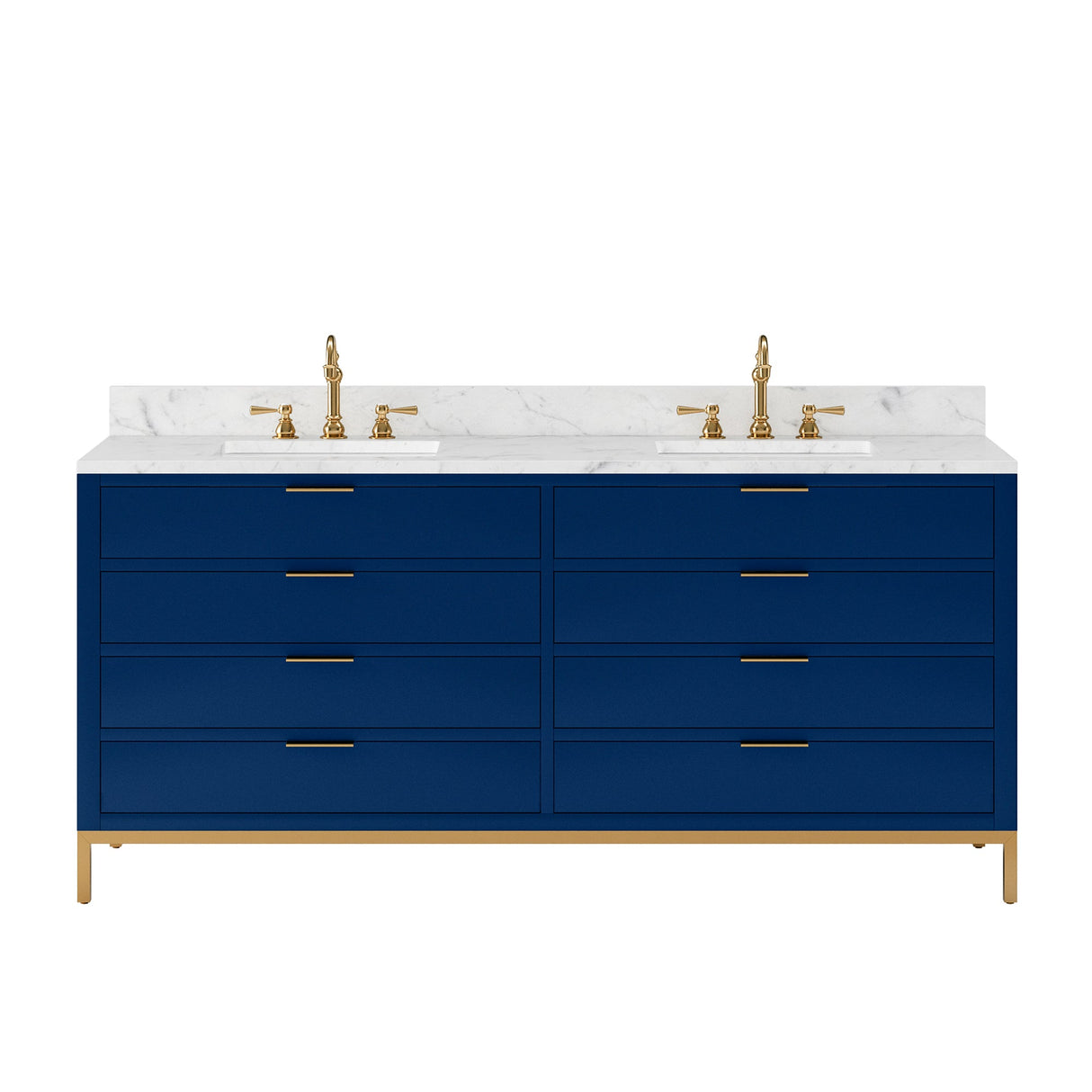 Water Creation Bristol 72" Double Sink Carrara White Marble Countertop Bath Vanity in Monarch Blue