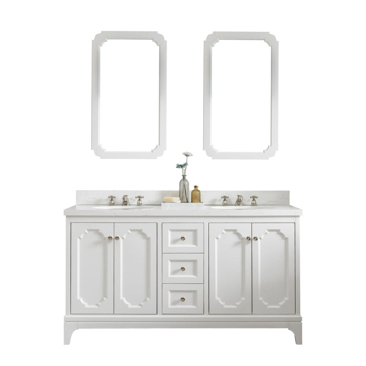 Water Creation Queen 60" Double Sink Quartz Carrara Vanity In Pure White With Matching Mirror(s) and Lavatory Faucet(s)