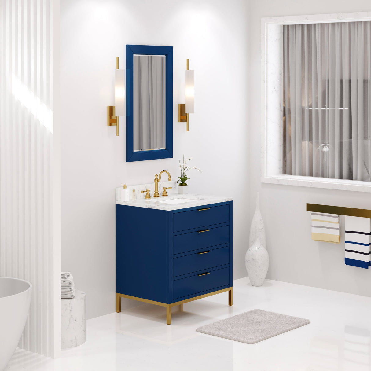 Water Creation Bristol 30" Single Sink Carrara White Marble Countertop Bath Vanity in Monarch Blue with Mirror(S)