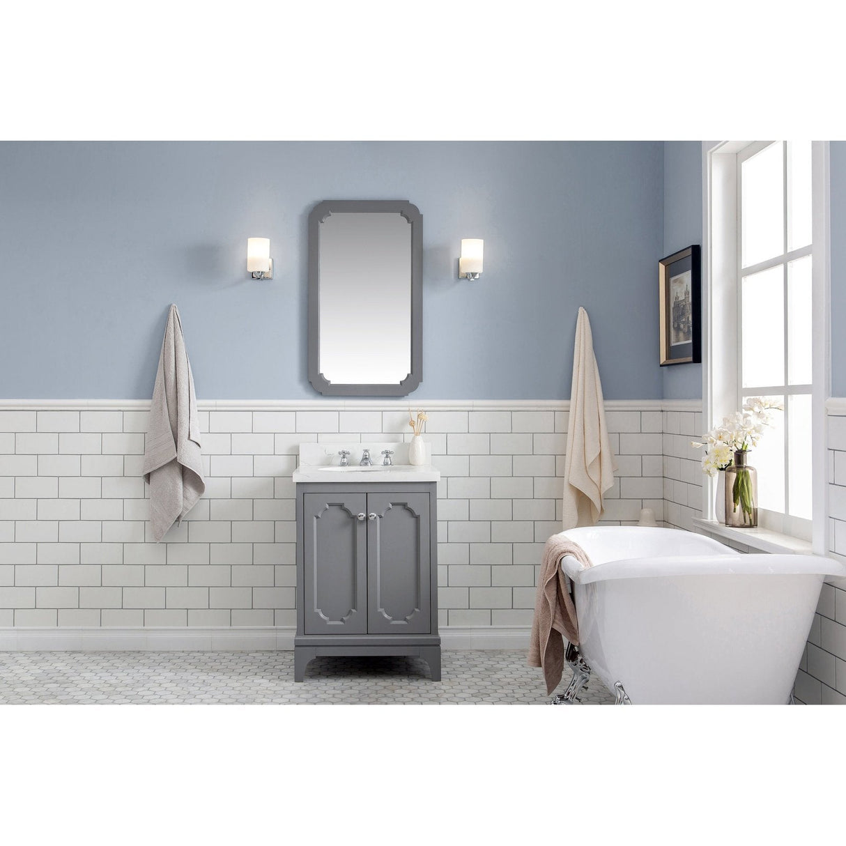 Water Creation Queen 24" Single Sink Quartz Carrara Vanity In Cashmere Grey With Matching Mirror