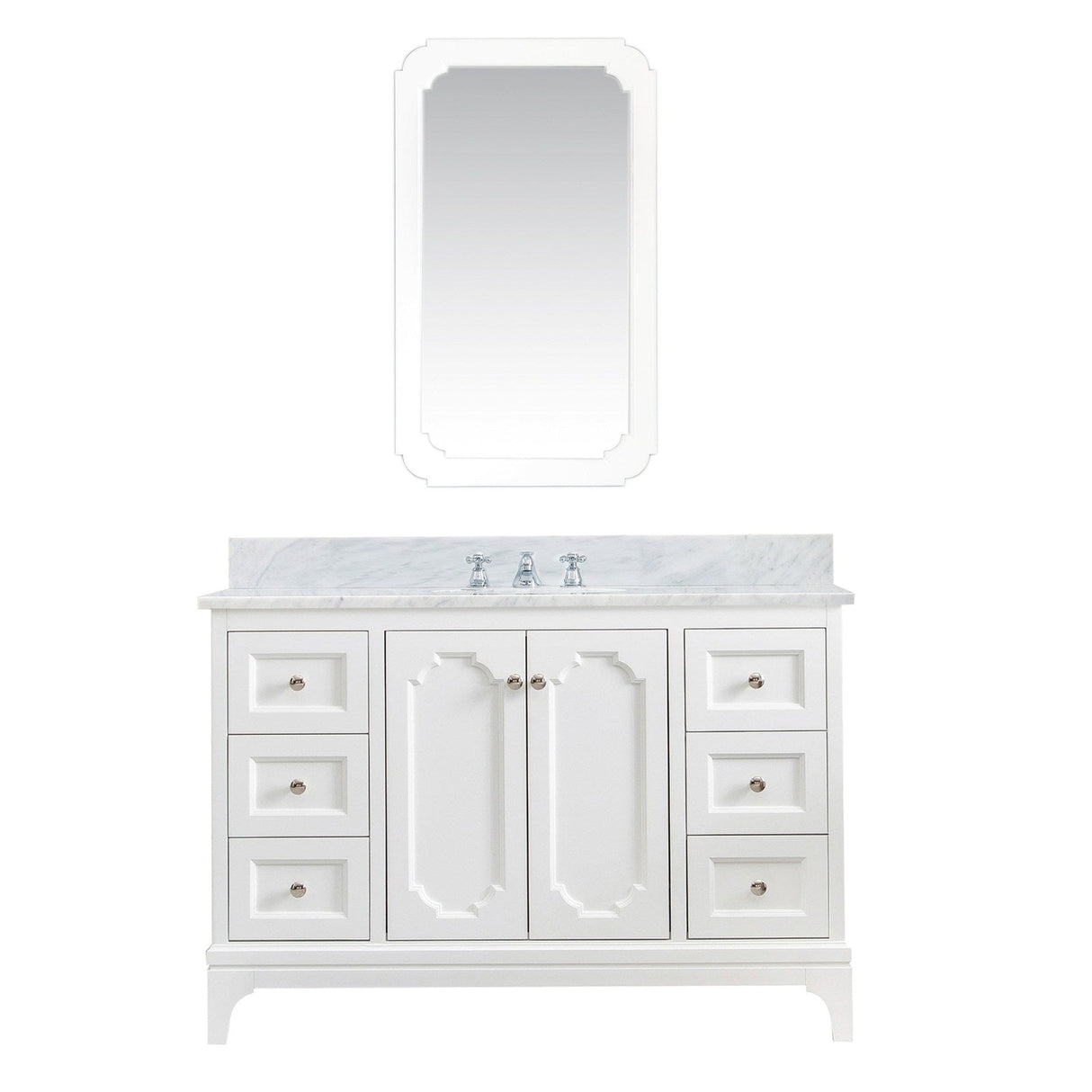 Water Creation Queen 48" Single Sink Carrara White Marble Countertop Vanity in Pure White with Classic Faucet and Mirror