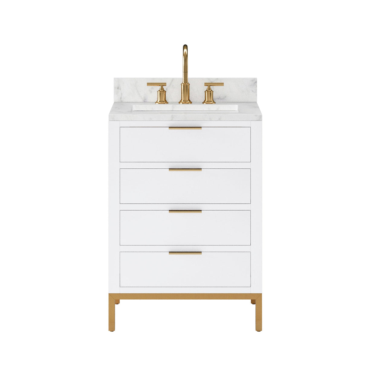 Water Creation Bristol 24" Single Sink Carrara White Marble Countertop Bath Vanity in Pure White with Satin Gold Gooseneck Faucet