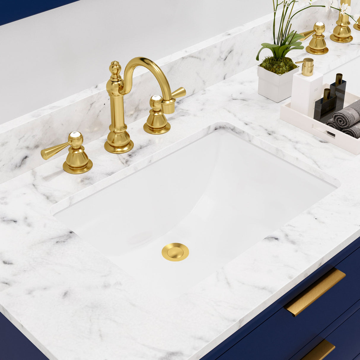 Water Creation Bristol 60" Double Sink Carrara White Marble Countertop Bath Vanity in Monarch Blue with Satin Gold Hook Faucets