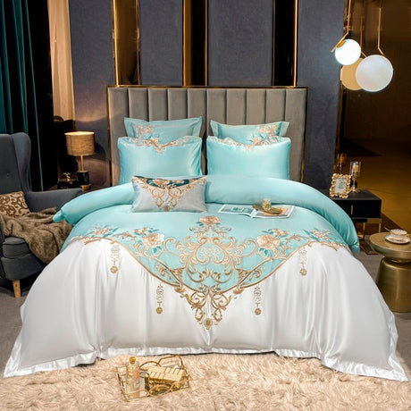 Domitia Flemish Sky Embroidery Egyptian Cotton Duvet Cover Set Duvet Cover Set - Venetto Design King - 4 Pieces / Flat Sheet Venettodesign.com