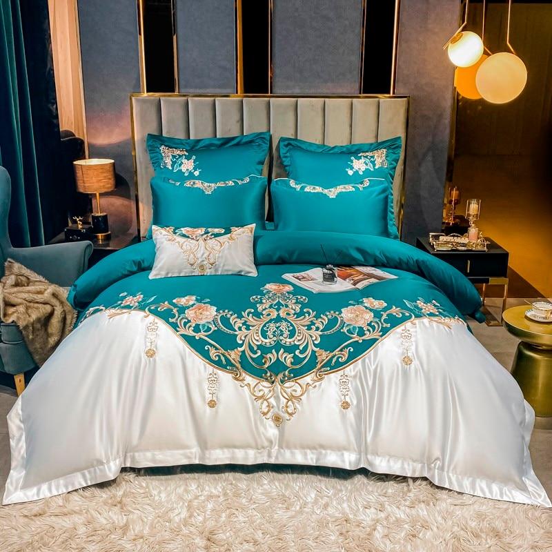 Domitia Turquoise Embroidery Egyptian Cotton Duvet Cover Set Duvet Cover Set - Point Design Queen - 4 Pieces / Fitted Sheet pointdsgn.com