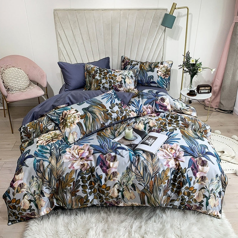 Arjoma Leaf Floral Egyptian Cotton Duvet Cover Set Duvet Cover Set - Venetto Design Queen / Flat Sheet / 4 Pieces Venettodesign.com