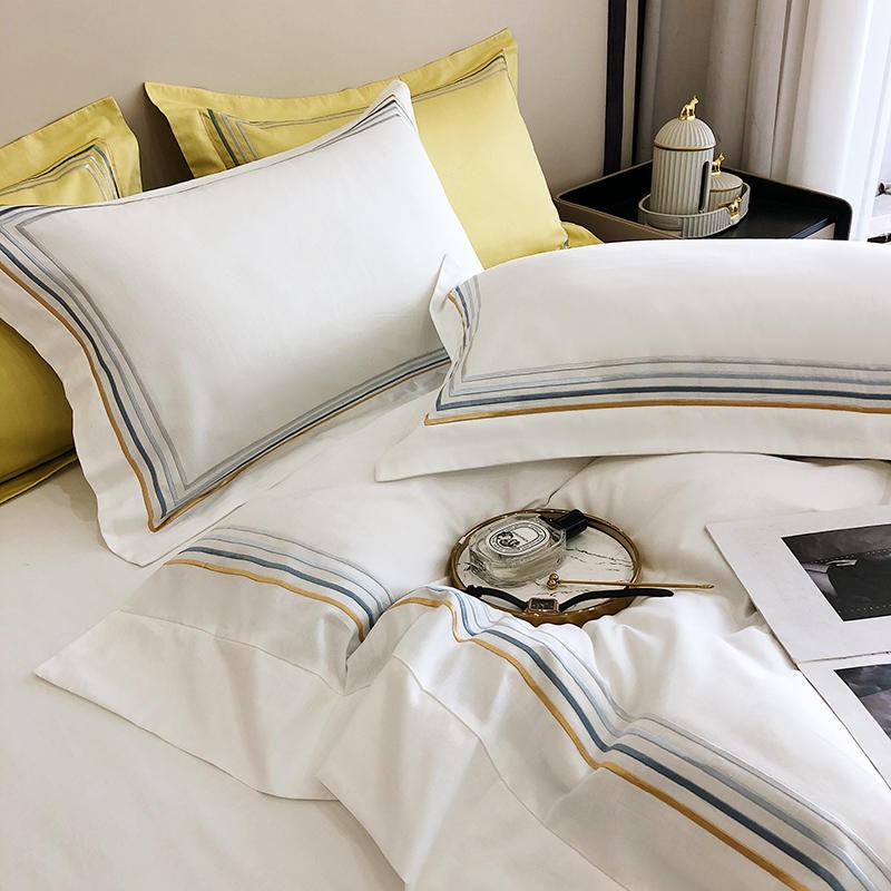 Fleur Classic Embroidered Striped Border Egyptian Cotton Duvet Cover Set