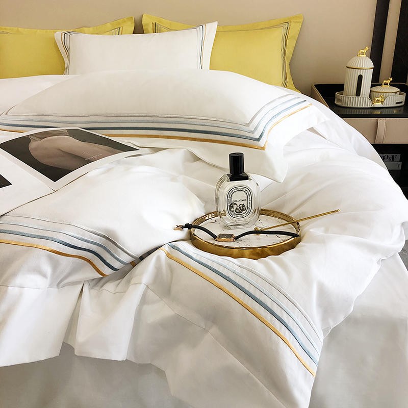 Fleur Classic Embroidered Striped Border Egyptian Cotton Duvet Cover Set