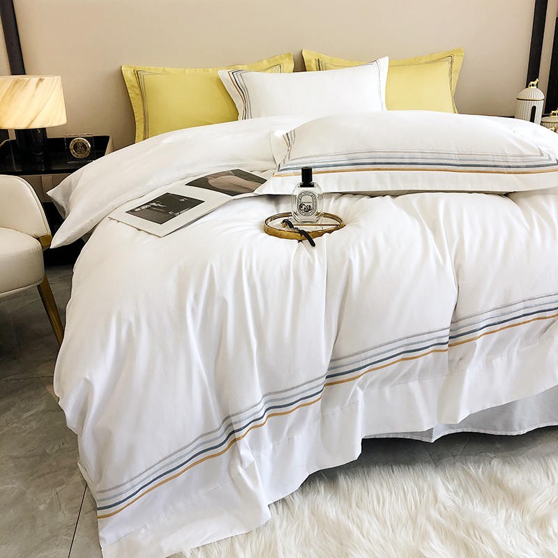 Fleur Classic Embroidered Striped Border Egyptian Cotton Duvet Cover Set