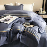 Fleur Classic Embroidered Striped Border Egyptian Cotton Duvet Cover Set