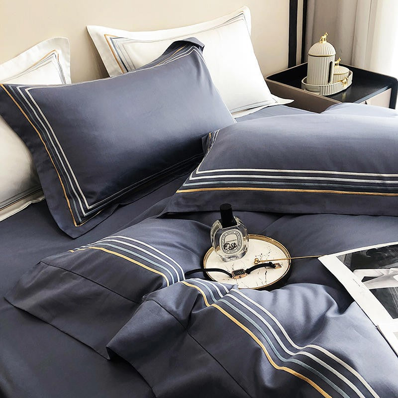 Fleur Classic Embroidered Striped Border Egyptian Cotton Duvet Cover Set