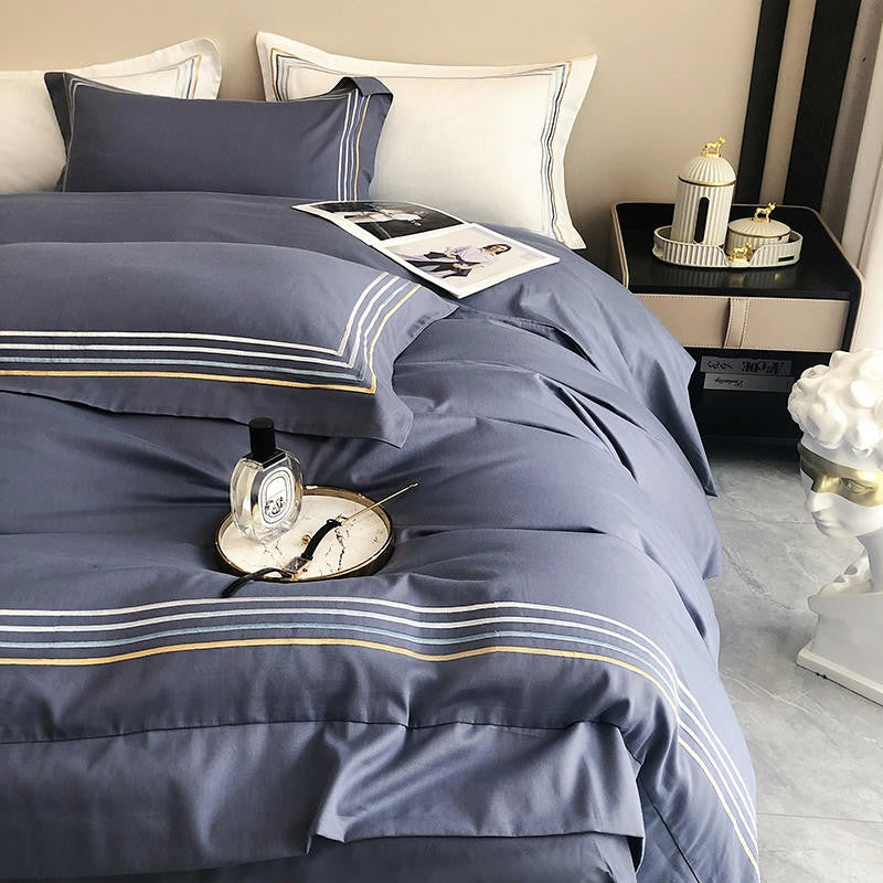 Fleur Classic Embroidered Striped Border Egyptian Cotton Duvet Cover Set