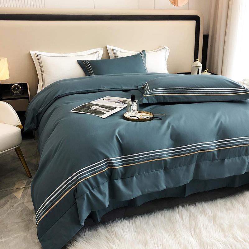 Fleur Classic Embroidered Striped Border Egyptian Cotton Duvet Cover Set