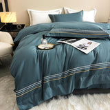 Fleur Classic Embroidered Striped Border Egyptian Cotton Duvet Cover Set