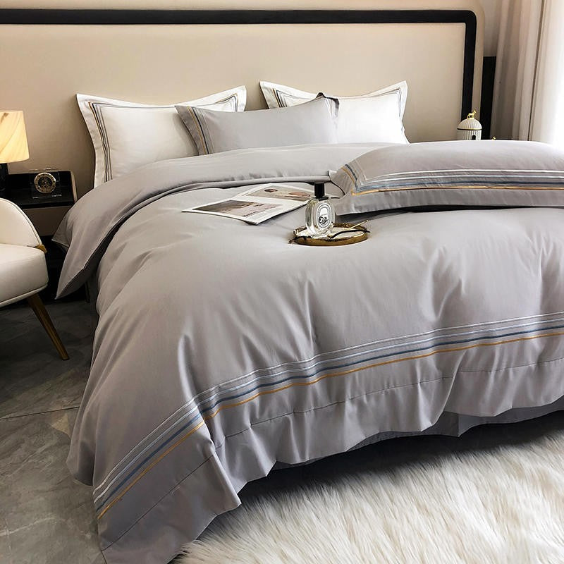 Fleur Classic Embroidered Striped Border Egyptian Cotton Duvet Cover Set