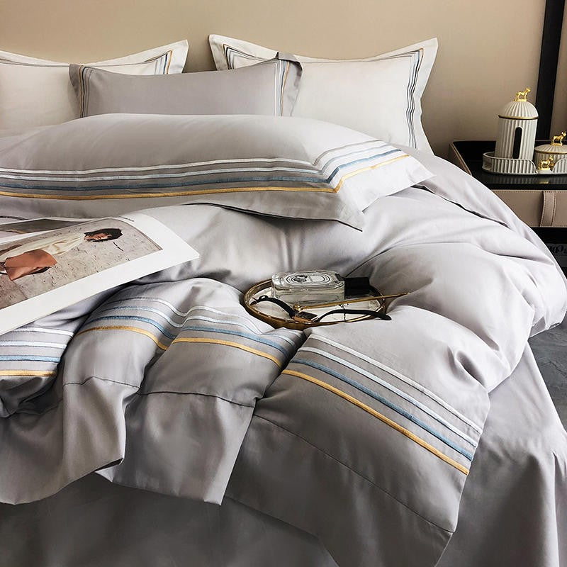 Fleur Classic Embroidered Striped Border Egyptian Cotton Duvet Cover Set