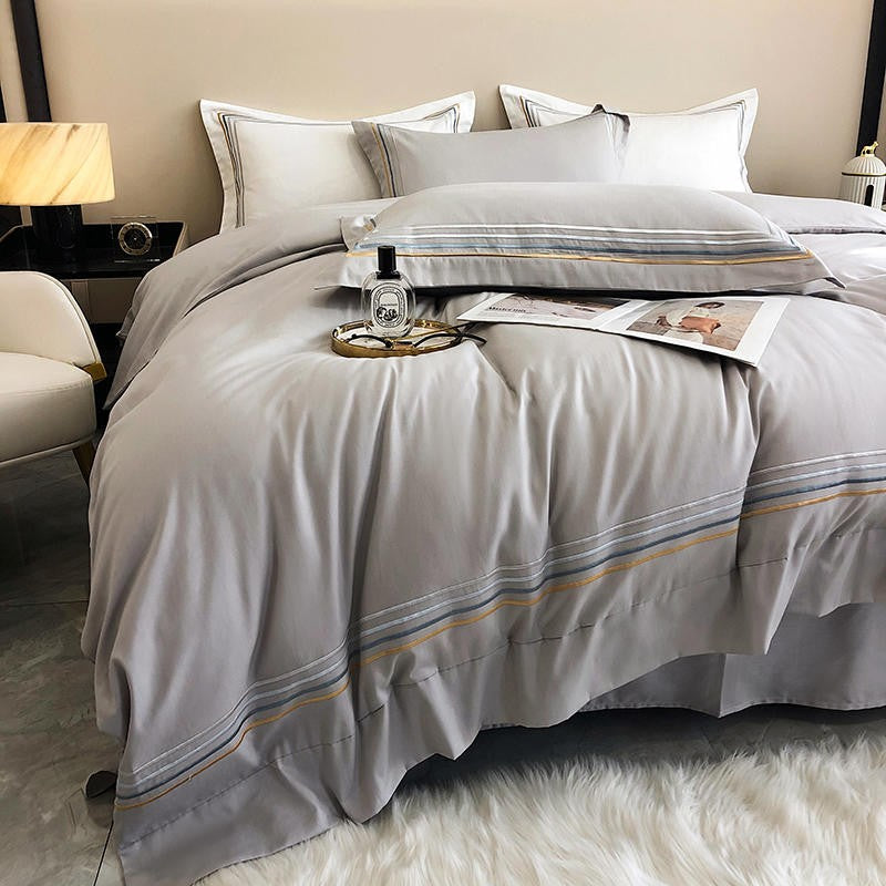 Fleur Classic Embroidered Striped Border Egyptian Cotton Duvet Cover Set