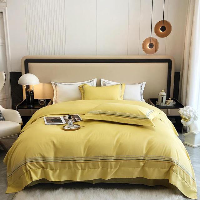 Fleur Classic Embroidered Striped Border Egyptian Cotton Duvet Cover Set Duvet Cover Set - Venetto Design Bold Gold / Double / Fitted Sheet Venettodesign.com