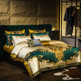 Rosalee Royal Gold And Green Embroidered Egyptian Cotton Duvet Cover Set