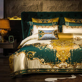 Rosalee Royal Gold And Green Embroidered Egyptian Cotton Duvet Cover Set