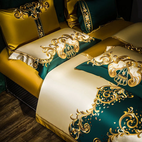 Rosalee Royal Gold And Green Embroidered Egyptian Cotton Duvet Cover Set