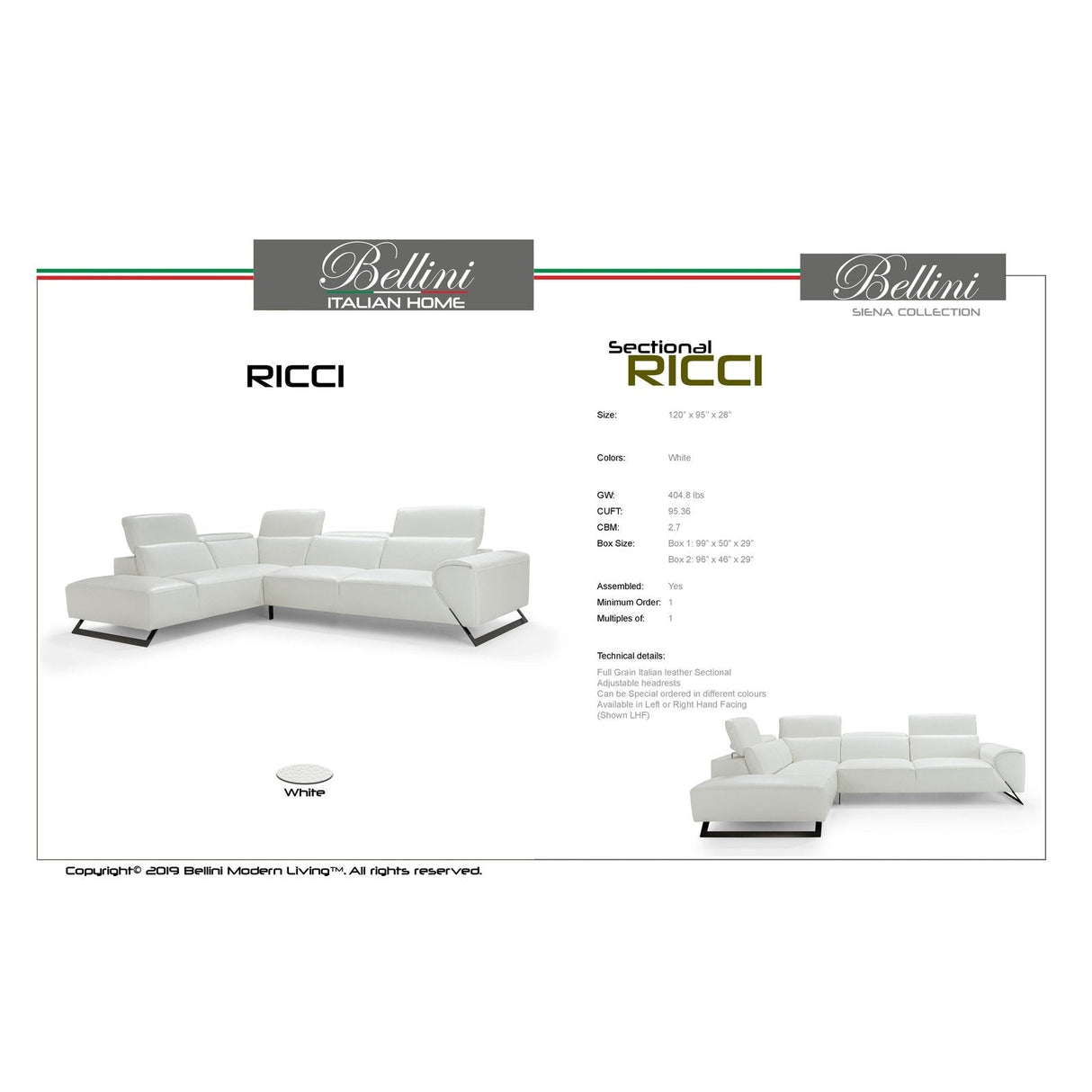 Bellini Modern Living Ricci Left Hand Facing White CHIC 10 Ricci LHF WHT